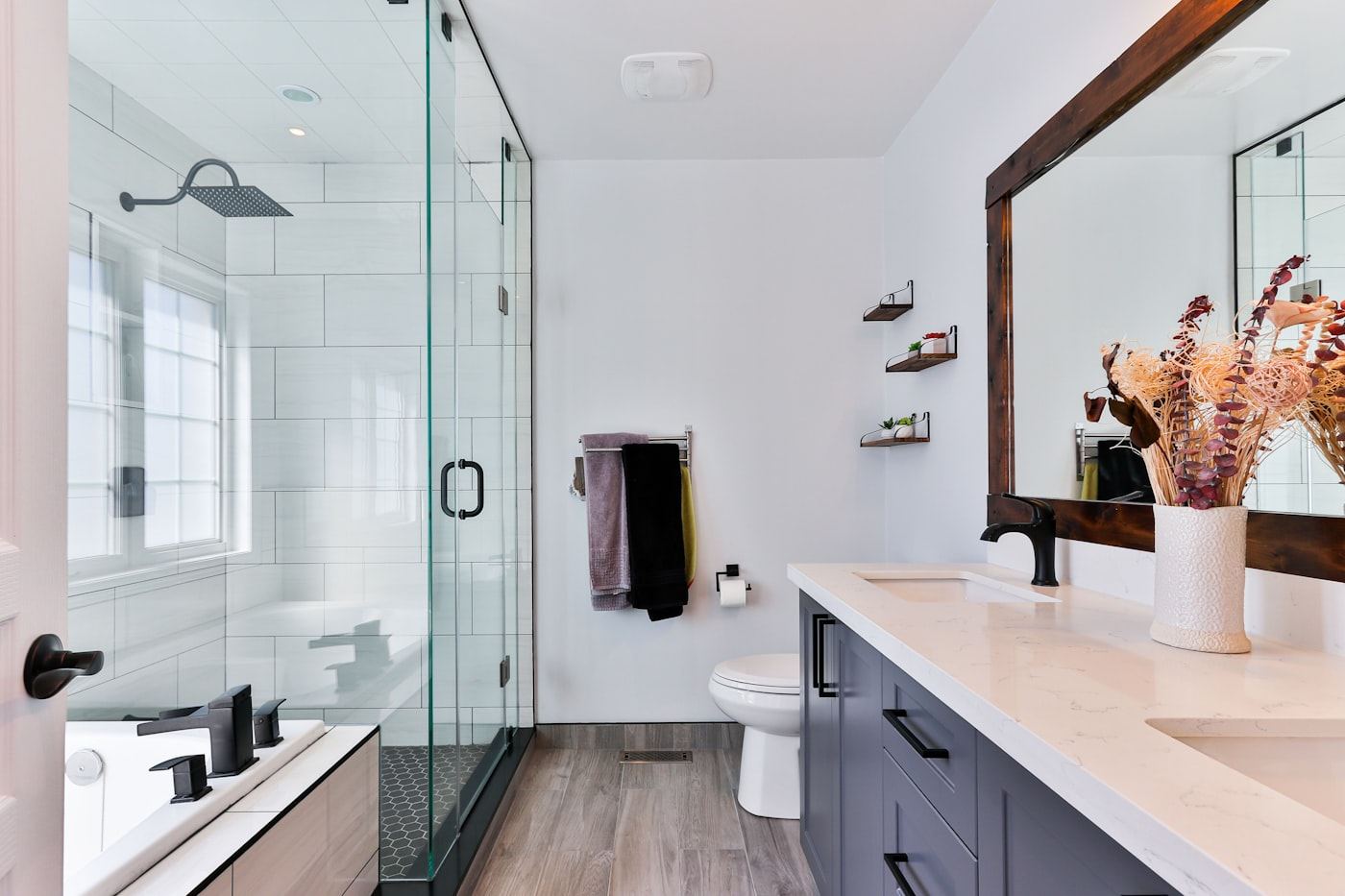 Renovated bathroom with tiled shower